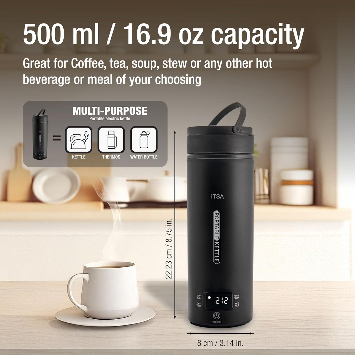 ITSA Travel Electric Kettle 500ml Portable Stainless Steel Water Boiler with Temperature Control & Auto Shut Off – Mini Electric Kettle for Coffee, Tea & Hot Water, BPA-Free