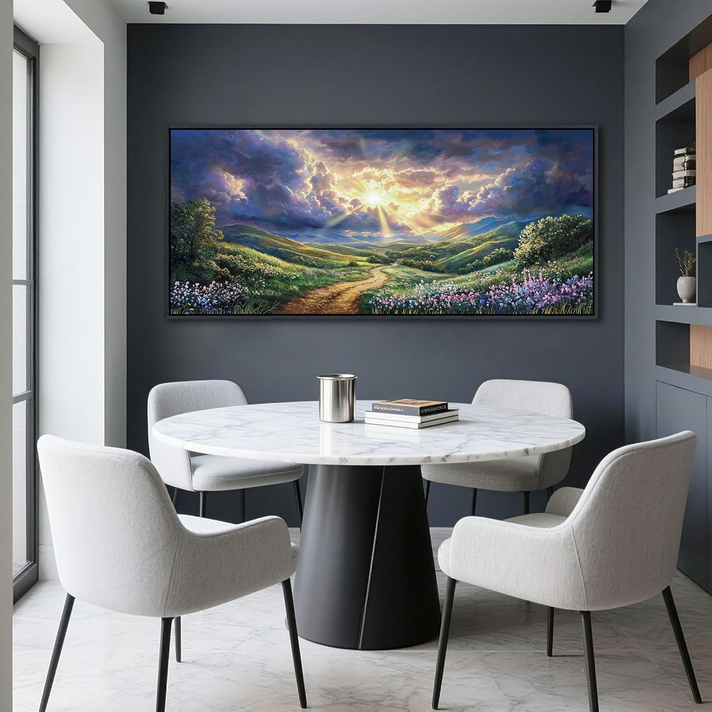 HKDGOKA Large Landscape Canvas Wall Art, Green Mountains Purple Clouds Flower Scenery Canvas Pictures Paintings Artwork for Living Room Bedroom Office Kitchen Home Wall Decor 32x71 IN