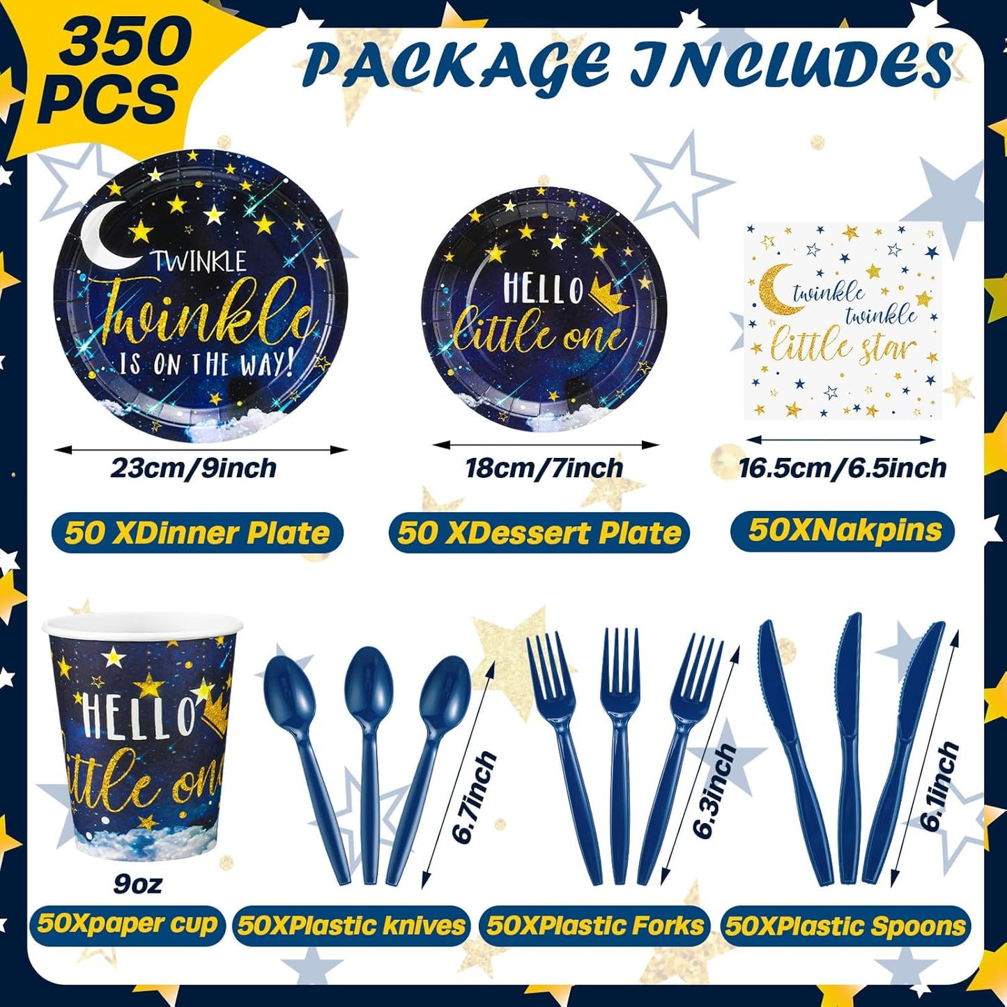 Dandat 350 Pcs Baby Shower Plates Set Baby Shower Party Supplies Serves 50 Tableware Sets Include Plates Napkin Cup Forks Knives Spoons Disposable Dinnerware(Twinkle Twinkle Little Star,Navy blue)