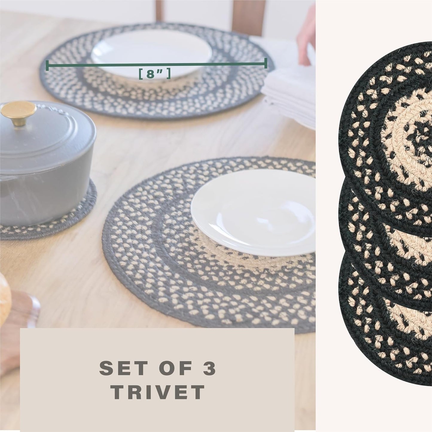 Homespice Manchester Jute Braided Trivets for Table, Country Primitive Decor, Set of 3, Black and Tan 8" Round Heat Resistant Mats - Rich Colors, Easy to Clean, Durable and Protects Furniture