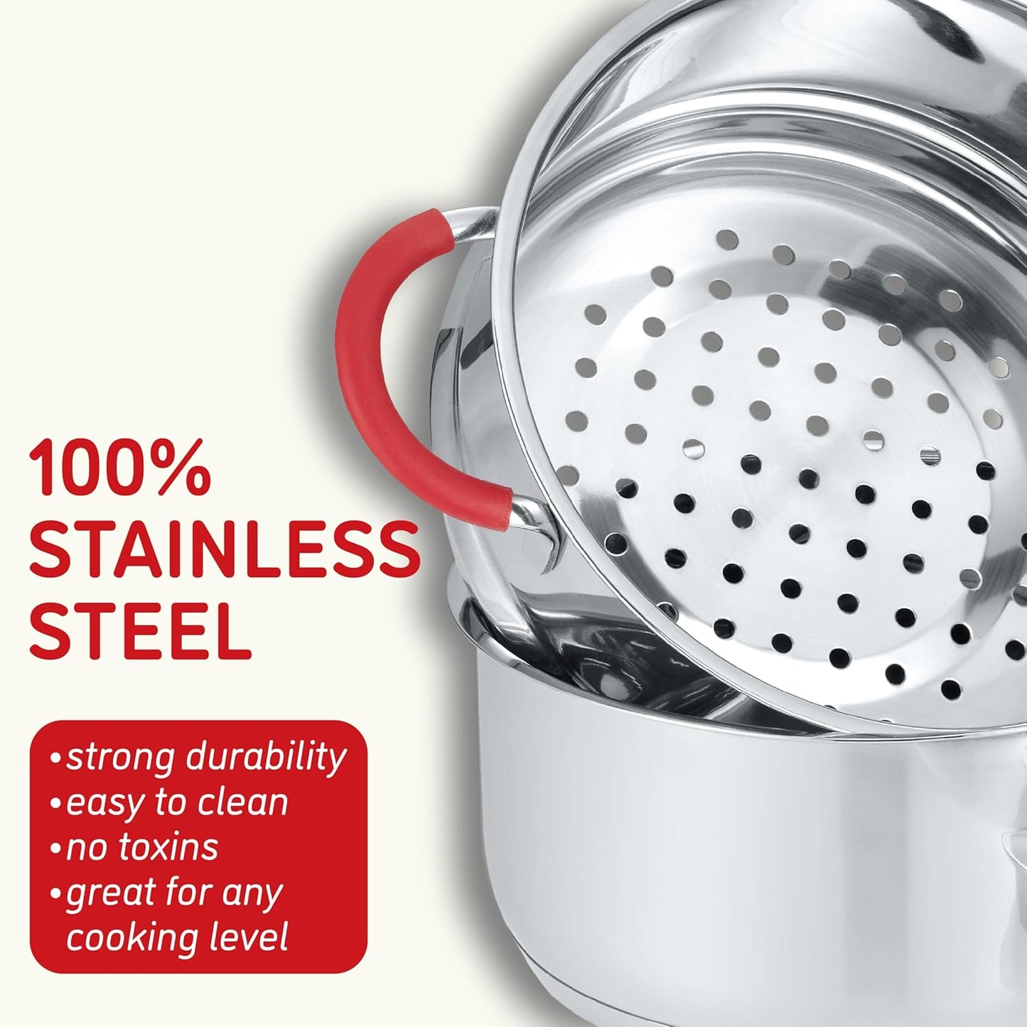 Concord Stainless Steel SIMPLE POUR Saucepan with Steamer Tier. Vented Glass Lid. Features Dual Pouring Spouts and Volume Marking on pot. Perfect for making Sauces, Jam, Ramen, and more (2 Quart)