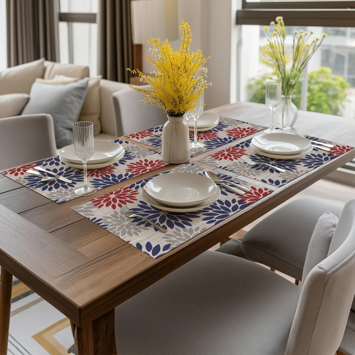 Artoid Mode Floral Vinyl Plastic Placemats Set of 4, 12x18 Inch 4th of July Patriotic Memorial Day Washable Non-Slip PVC Place Mats for Party Kitchen Dining Decor, Red Blue