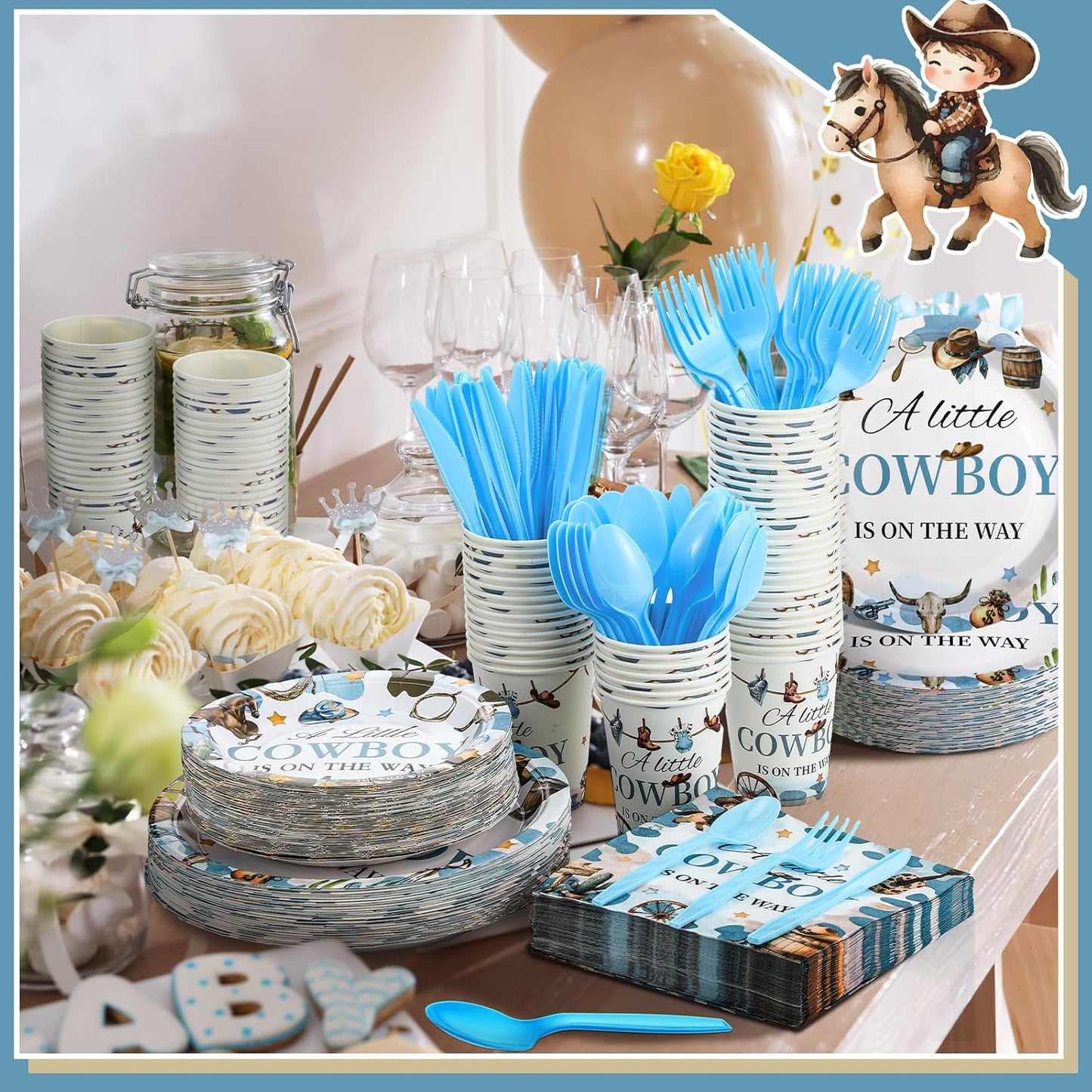 Dandat 350 Pcs Baby Shower Plates Set Baby Shower Party Supplies Serves 50 Tableware Sets Include Plates Napkin Cup Forks Knives Spoons Disposable Dinnerware(Cowboy,Blue)