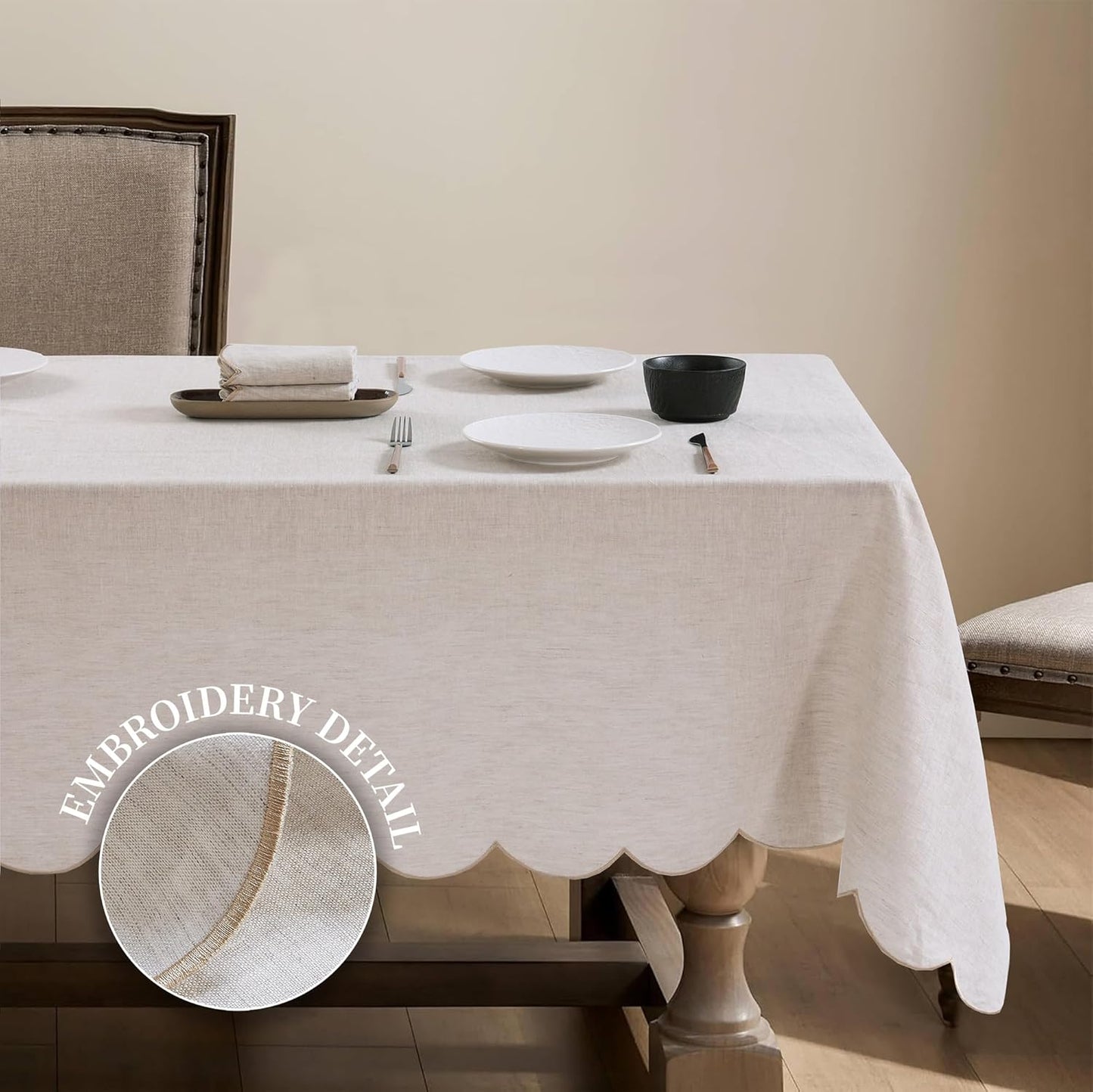 100% French Flax Linen Scalloped Embroidery Rectangle Tablecloths 108Lx60W Inch for Dinners, Parties, Spring, Machine Washable, 8-10 Sets, Linen(Edges-Gold)