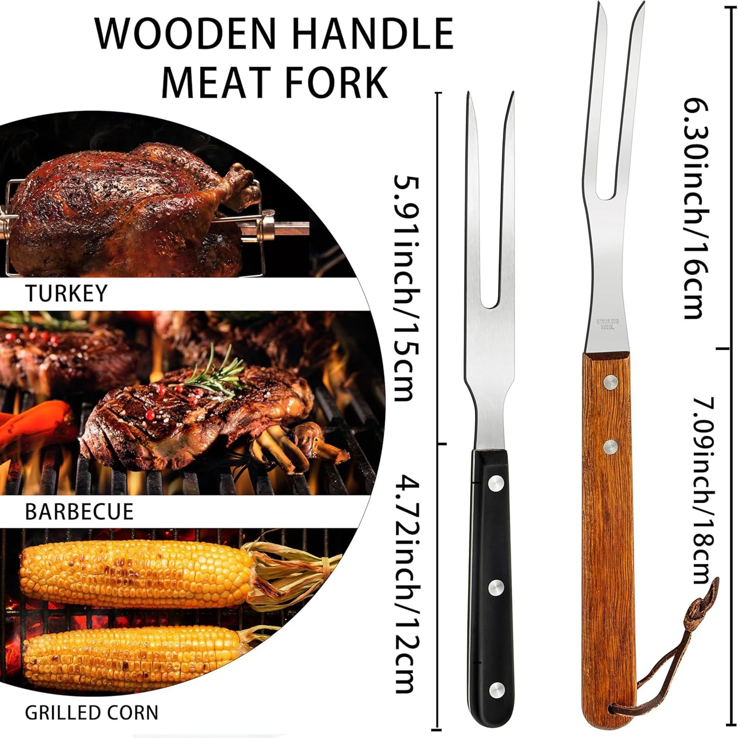 Ponpon 2Pcs Meat Forks Stainless Steel Carving Fork with Wooden Handle Barbecue Fork for Cooking Kitchen (2)