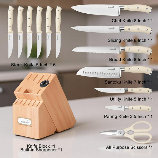 KUISINE Knife Set High Carbon Stainless Steel Sharper Blade Ergonomic Handle,Knife Block Set with Built-in Sharpener 2025 Upgraded (Ivory Pro Acacia,15PCS)