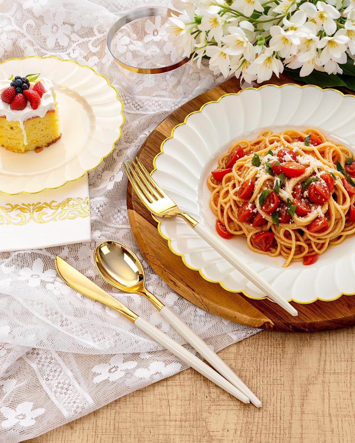 Ciaell 175 PCS Ivory Scalloped Plastic Plates with Gold Trim - Gold Plastic Silverware with Handle - Fancy High-end Dinnerware Sets for Wedding & Showers & Party & Thanksgiving (25 Guests)