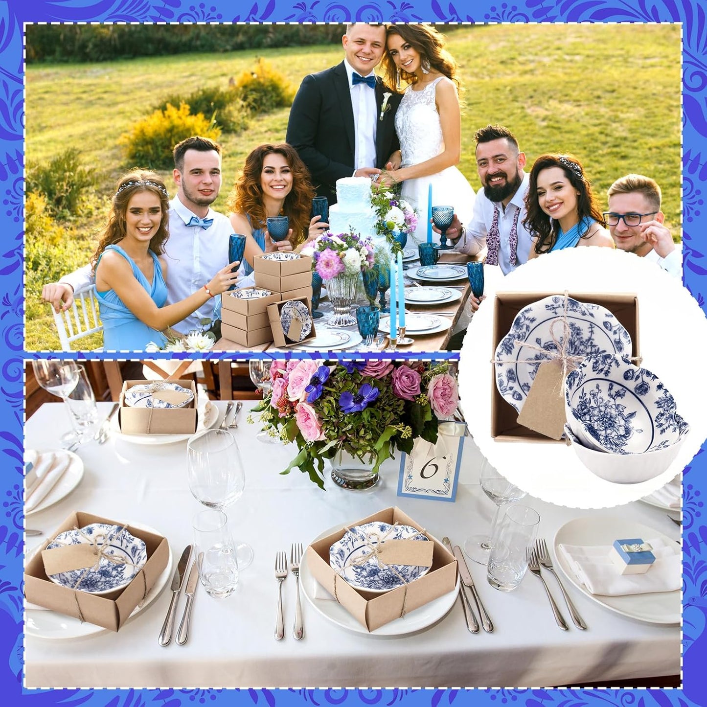 12 Pcs Wedding Favors for Guests Small Ceramic Bowl Bulk Gifts Set 3.3 Inch Floral Design Mini Dipping Bowl Sauce Dish with Cards Box for Bridal Baby Shower Birthday Guest Gift (Blue)