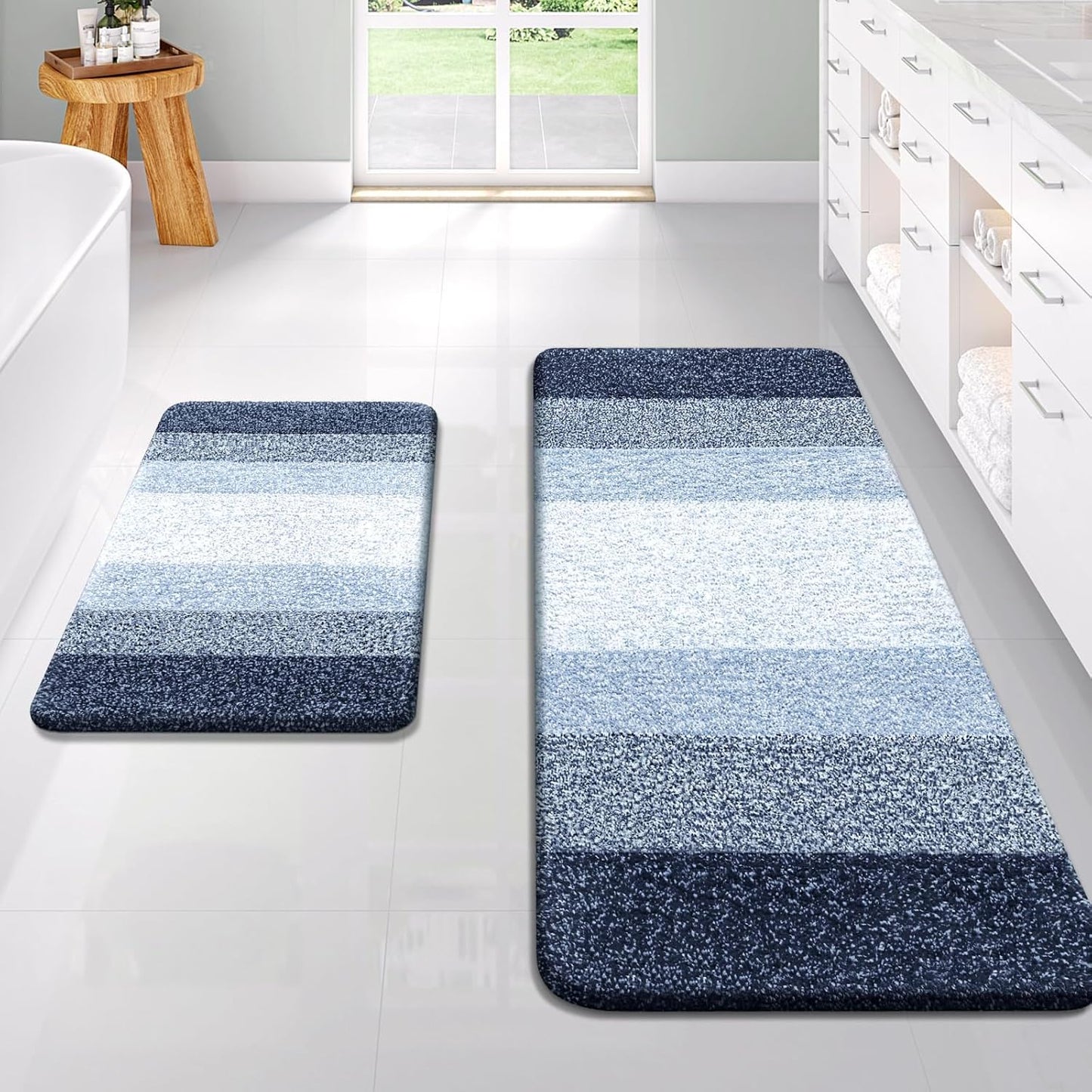 OLANLY Bathroom Rug Set 2 Piece, Soft Absorbent Microfiber Bath Rug Set, Non-Slip, Machine Wash Dry, Plush Shaggy Bath Mats for Bathroom (47"x20"+24"x16", Dark Blue)