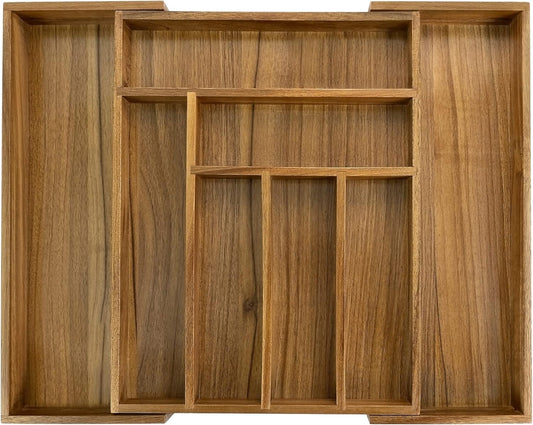 Luxury Acacia Kitchen Drawer Organizer - Silverware Organizer - Utensil Holder and Cutlery Tray with Grooved Drawer Dividers for Flatware and Kitchen Utensils (8 Slot), 17*12.4*2 inch