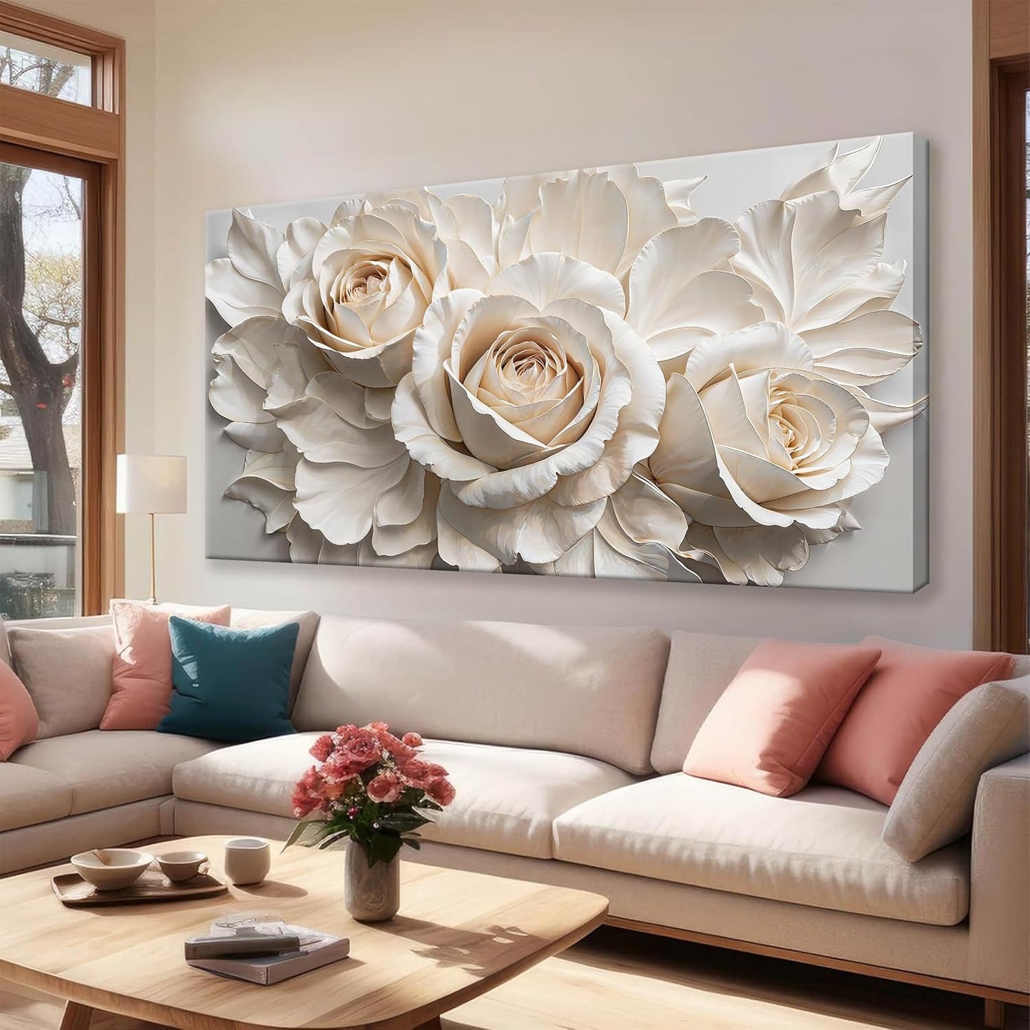 QSQ Large Wall Art For Living Room Home Wall Decor Modern Canvas Art Wall Decor 29 X 58 Inches White Flower Wall Art Elegant Picture For Bedroom Hotel Office Artwork