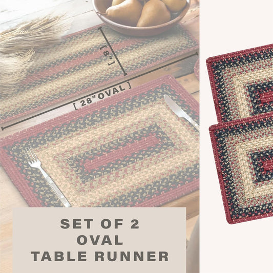 Homespice Highland Jute Braided Table Runner, Rustic Cabin Decor, Set of 2, Multicolor Oval 8x28 - Rich Colors, Easy to Clean, Durable and Protects Furniture