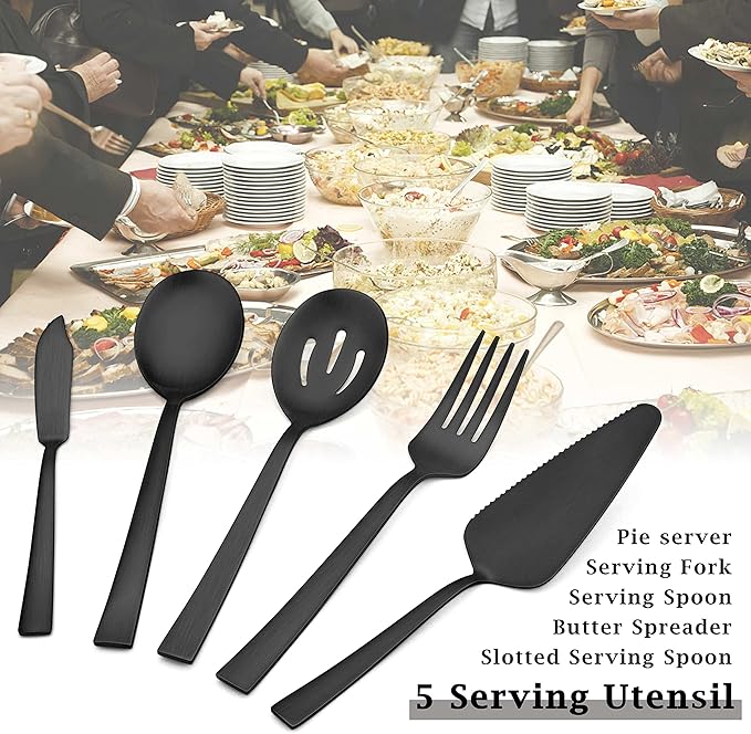 Herogo 5-Piece Matte Black Stainless Steel Serving Utensils Set, Metal Square Hostess Serving Set for Catering Banquet Buffet Party Camping Kitchen Restaurant, Dishwasher Safe