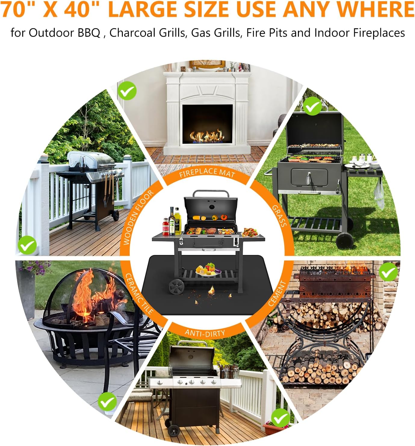 Grill Mats for Outdoor Grill, 70 X 40 Reusable Silicone Under Grill Mat, Heat Resistant BBQ Grilling Mat for Deck Protector Patio Floor Lawn (Basic)