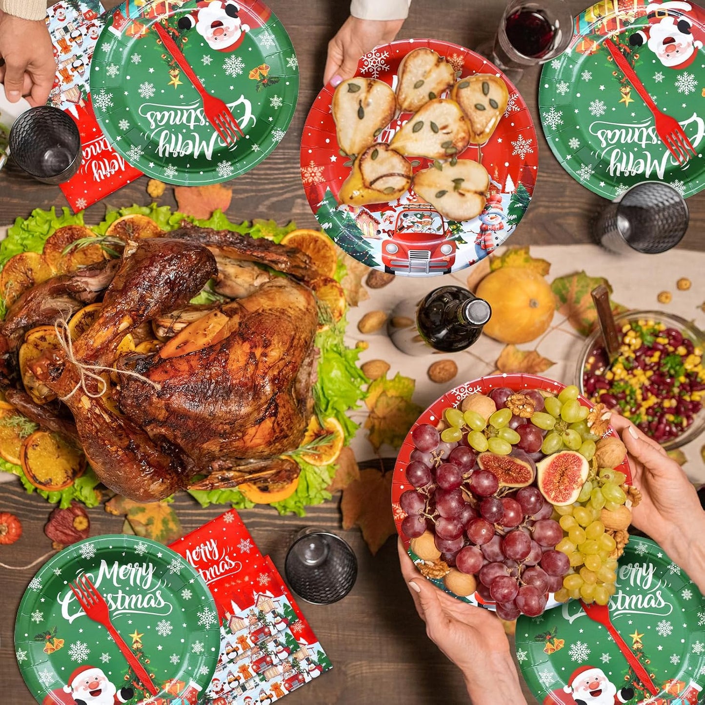 100 Pcs Christmas Tableware Party Supplies – Disposable Merry Christmas Dinnerware Set with Paper Plates, Napkins, and Utensils for Holiday Party, Winter Celebration – Serves 25