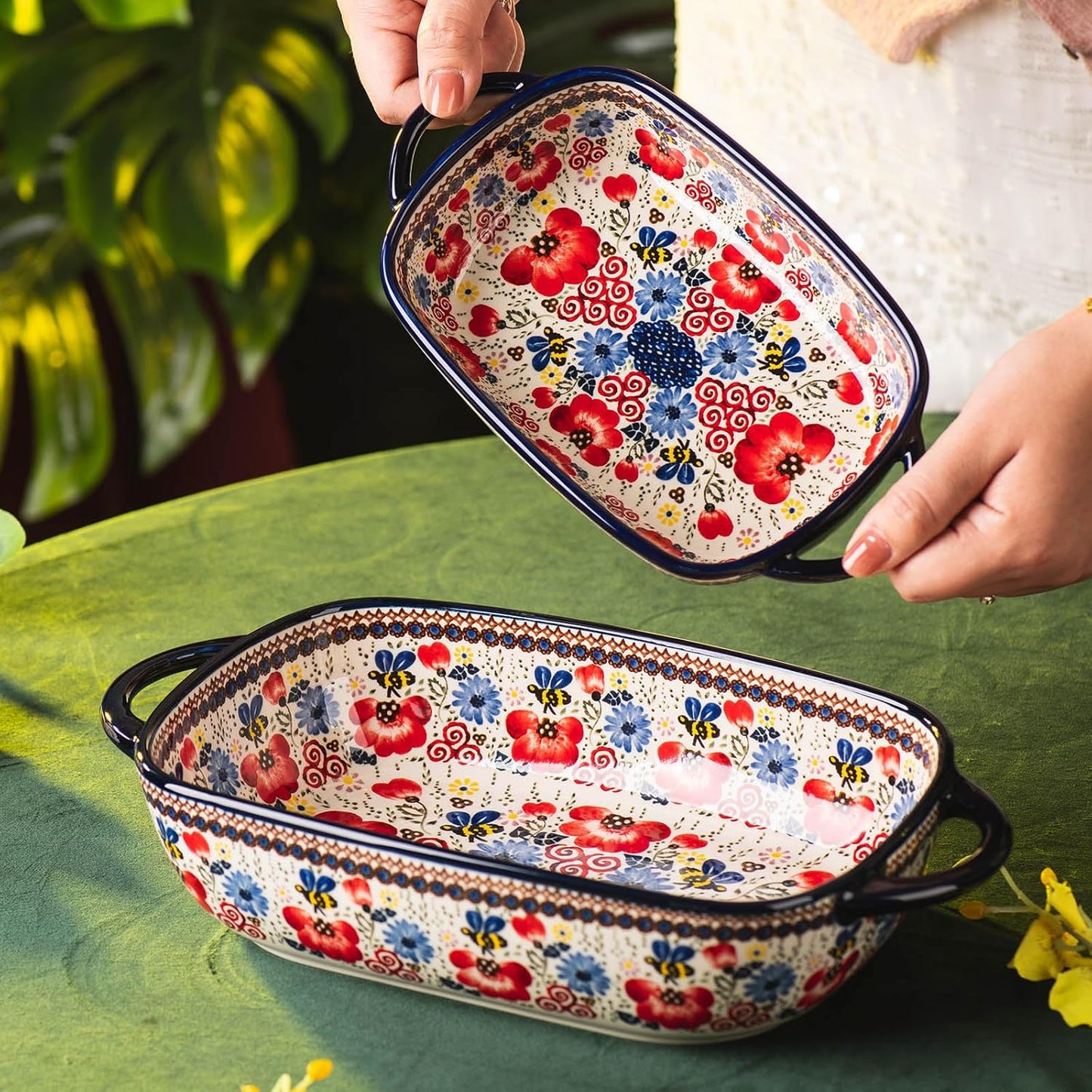 Baking Dish Ceramic Baking Pan Blue Casserole Dish Porcelain rectangular Baking Set 2pcs Bakeware Sets Lasagna Pan Baking Dishes for oven(Honey Flower)