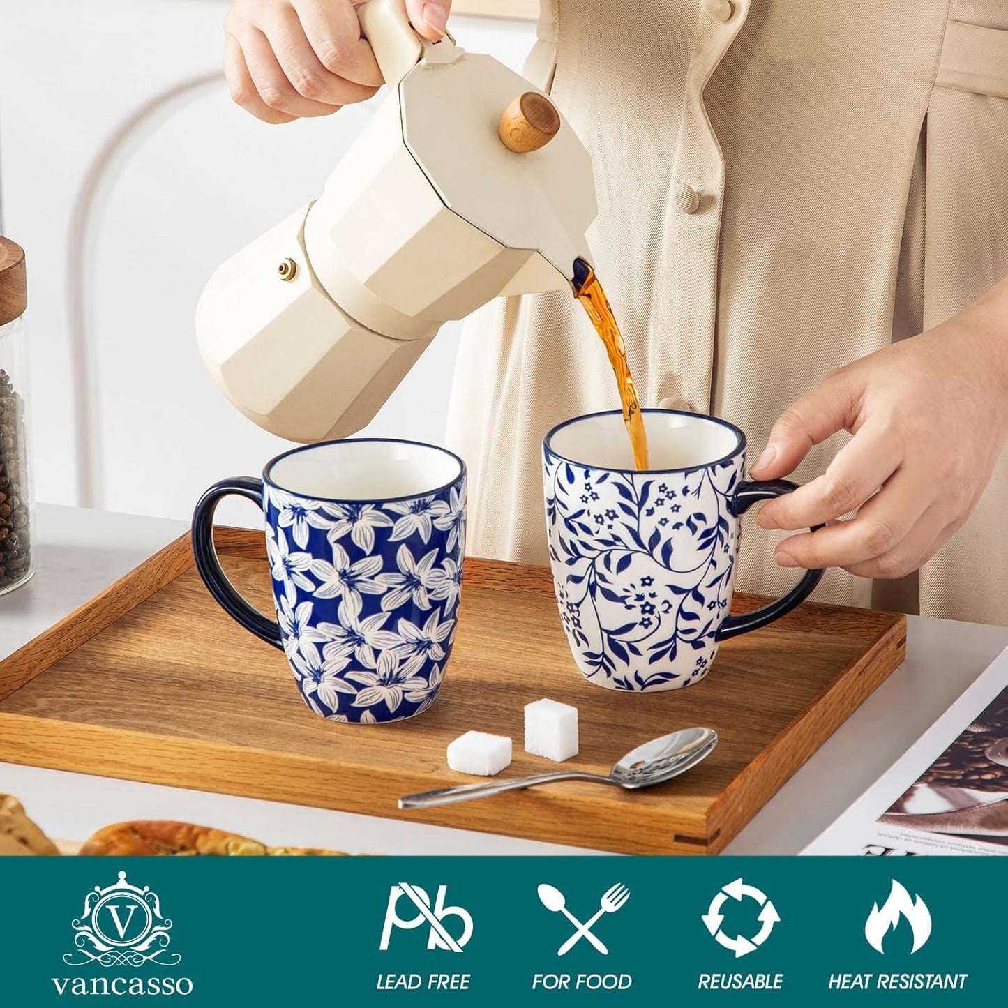 vancasso SELENE Coffee Mugs Set of 6, 12 Oz Porcelain Coffee Cups with Handle, Ceramic Tea Cup for Cappuccino, Latte, Tea, Cocoa, Dishwasher & Microwave Safe Gift Sets, Vintage Blue