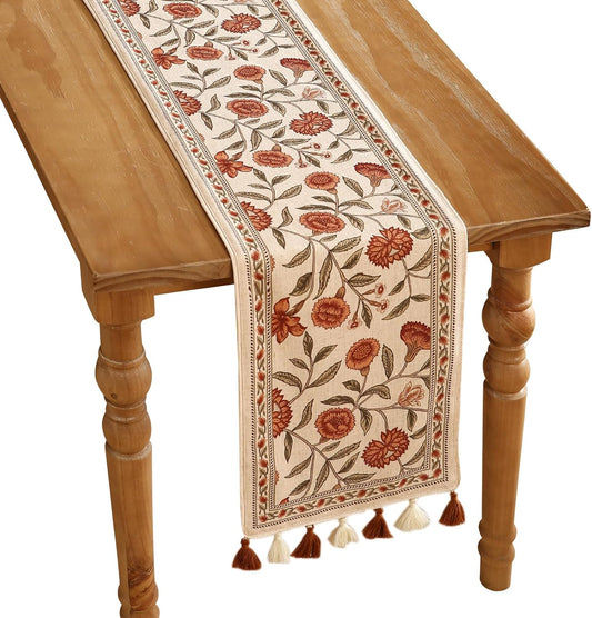 ISAENNE Designer Elegant Linen Table Runner 118 Inches Extra Long,Vintage Orange Floral Pattern Table Runners for Dining Tables,Kitchen Decor,Thanksgiving,Christmas,Banquet,12"*118"-Alvarado A
