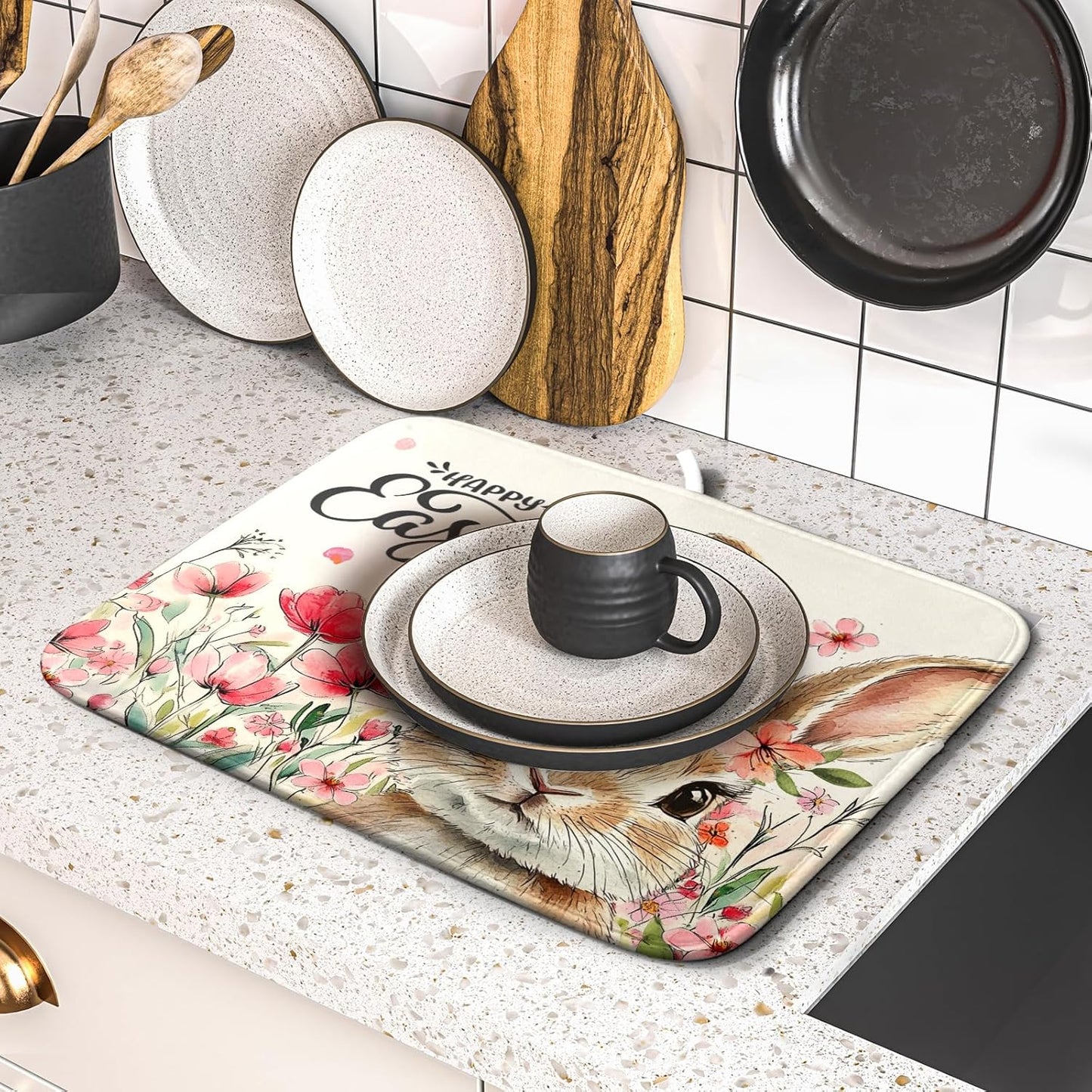 Easter Bunny Dish Drying Mats 16x18 Inch,Cute Rabbit Flowers Absorbent Microfiber Dishes Drainer Rack Mat Quick Dry Drying Pad for Countertop Sink Bar Utensils Holiday Decor