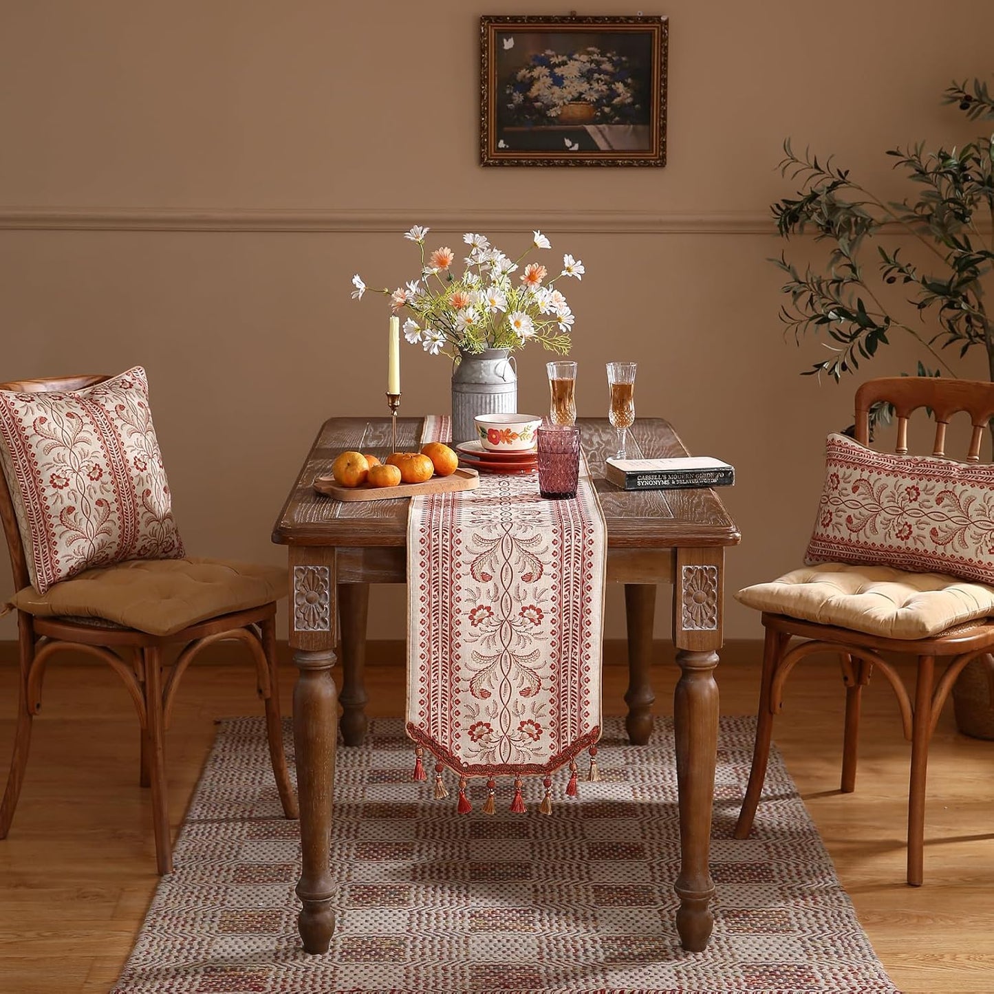 ISAENNE Designer Vintage Linen Extra Long Table Runner 118 Inches,Red Floral Pattern Modern Decor Table Runners for Dining Tables,Thanksgiving,Kitchen Tables,Christmas,Banquet,12"*118"-Chamonix A