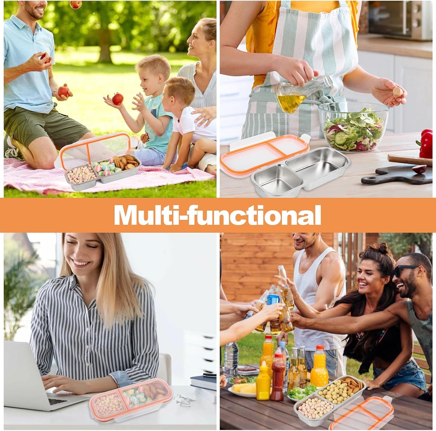 Stainless Steel Snack Containers with Lids, Double Compartment Leakproof Reusable Snack Box for Nuts, Fruits- Divided Grab & Go Container for School, Office, Travel