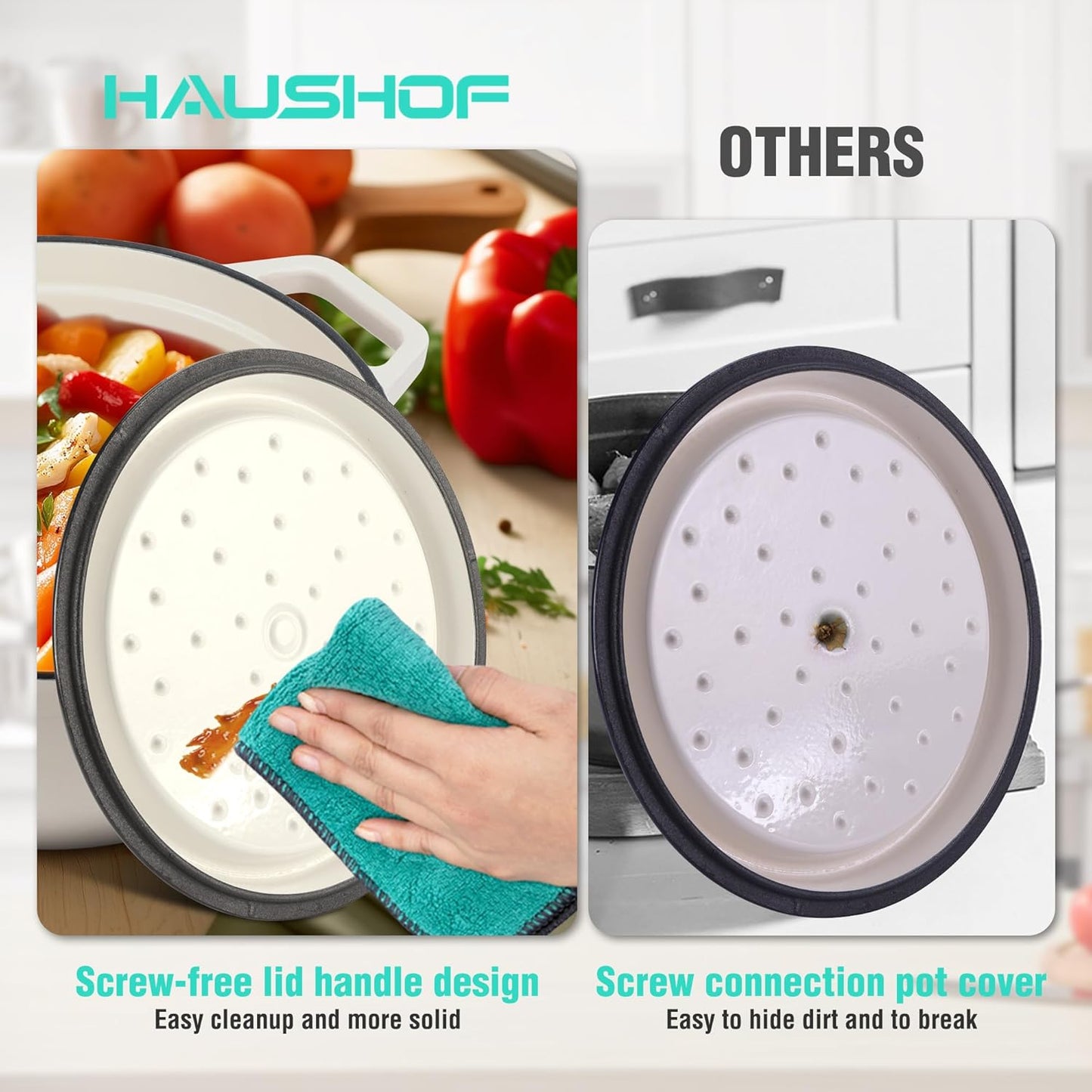 HAUSHOF 5.3QT Enameled Cast Iron Dutch Oven with Lid, Non-Stick Pot for Sourdough Bread Baking, Stewing, Rosting, Oyster White