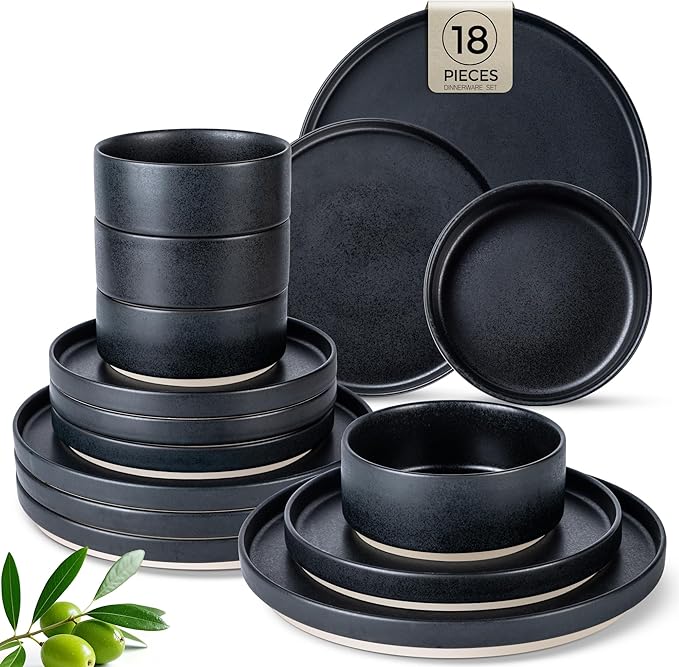 TheTerra Ceramic Dinnerware Sets for 6, 18 Pieces Handmade Reactive Glaze Plates and Bowls Set, Scratch Resistant Dish Set, Oven & Microwave & Dishwasher Safe, Matte Black