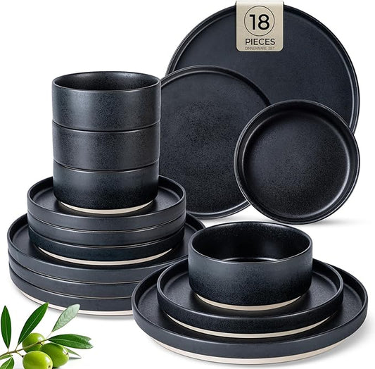 TheTerra Ceramic Dinnerware Sets for 6, 18 Pieces Handmade Reactive Glaze Plates and Bowls Set, Scratch Resistant Dish Set, Oven & Microwave & Dishwasher Safe, Matte Black