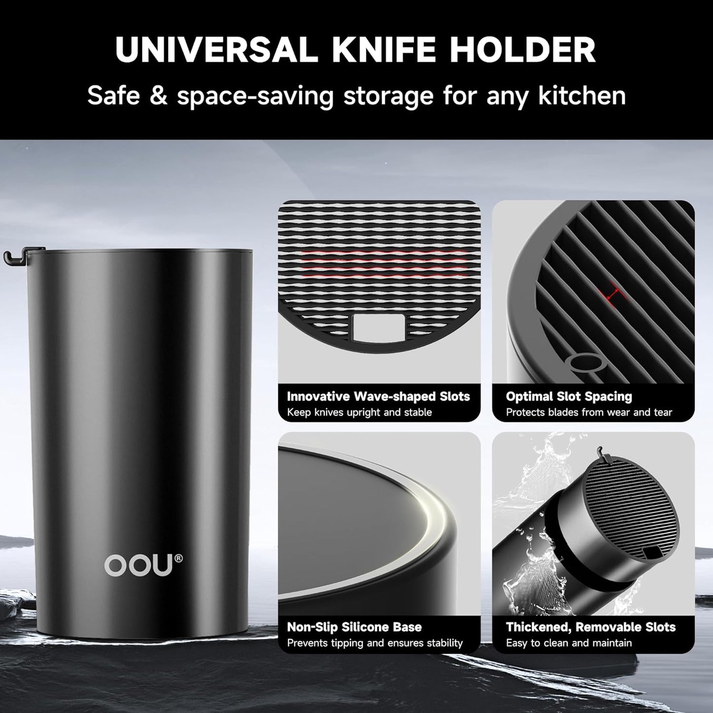 OOU Knife Set with Block and Sharpener, 6 Pcs High Carbon German Steel Kitchen Knife Block Set with Universal Knife Holder, Dishwasher Safe Knife Set for Small Kitchen, Space-Saving, Anti-Rust