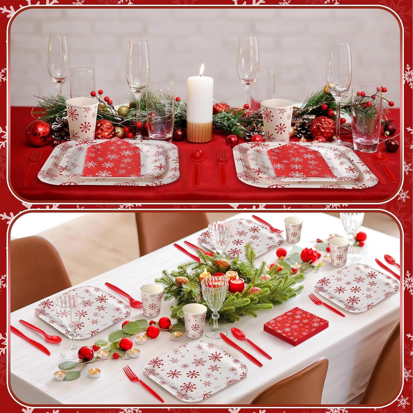 350 Pcs Paper Plates and Napkins Set Disposable Dinnerware Party Supplies Tableware Serve 50 Guest Cups Knife Forks Spoon(Red,White,Snowflake)