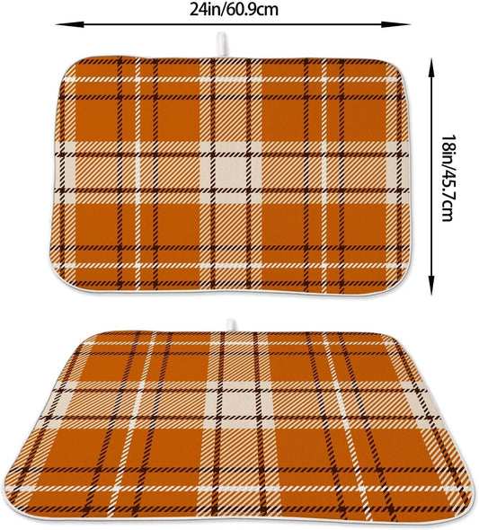 Fall Dish Drying Mat 18 x 24 inch Autumn Orange Buffalo Plaid Themed Decorative Drying Mats Microfiber Absorbent Dish Washable Draining Mat for Kitchen Counter Decor
