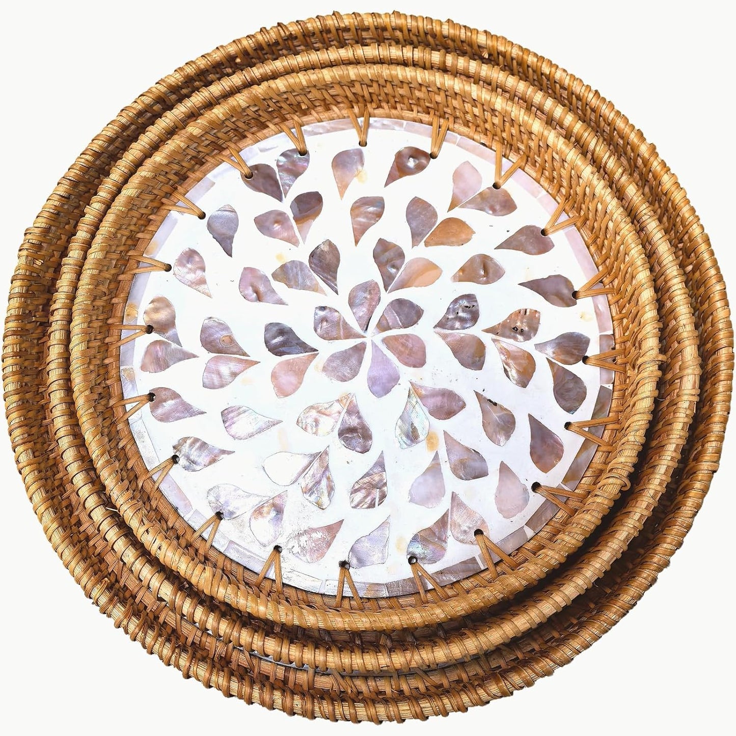 i-lan 3-Piece Round Rattan Serving Trays with Mother of Pearl Inlay – Handwoven Decorative Platters for Coffee Table, Vanity, Kitchen & Home Décor, Set