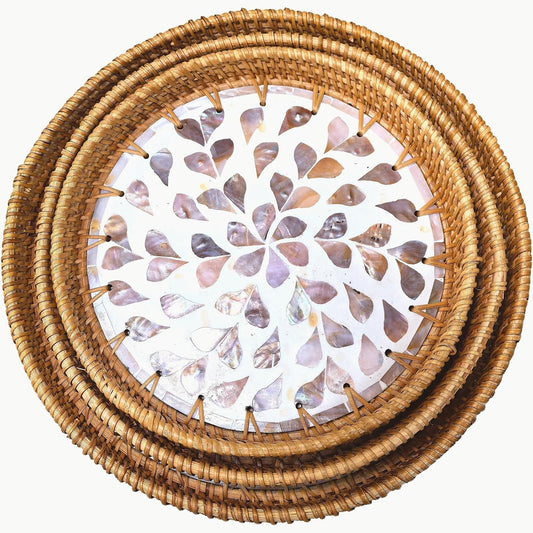 i-lan 3-Piece Round Rattan Serving Trays with Mother of Pearl Inlay – Handwoven Decorative Platters for Coffee Table, Vanity, Kitchen & Home Décor, Set