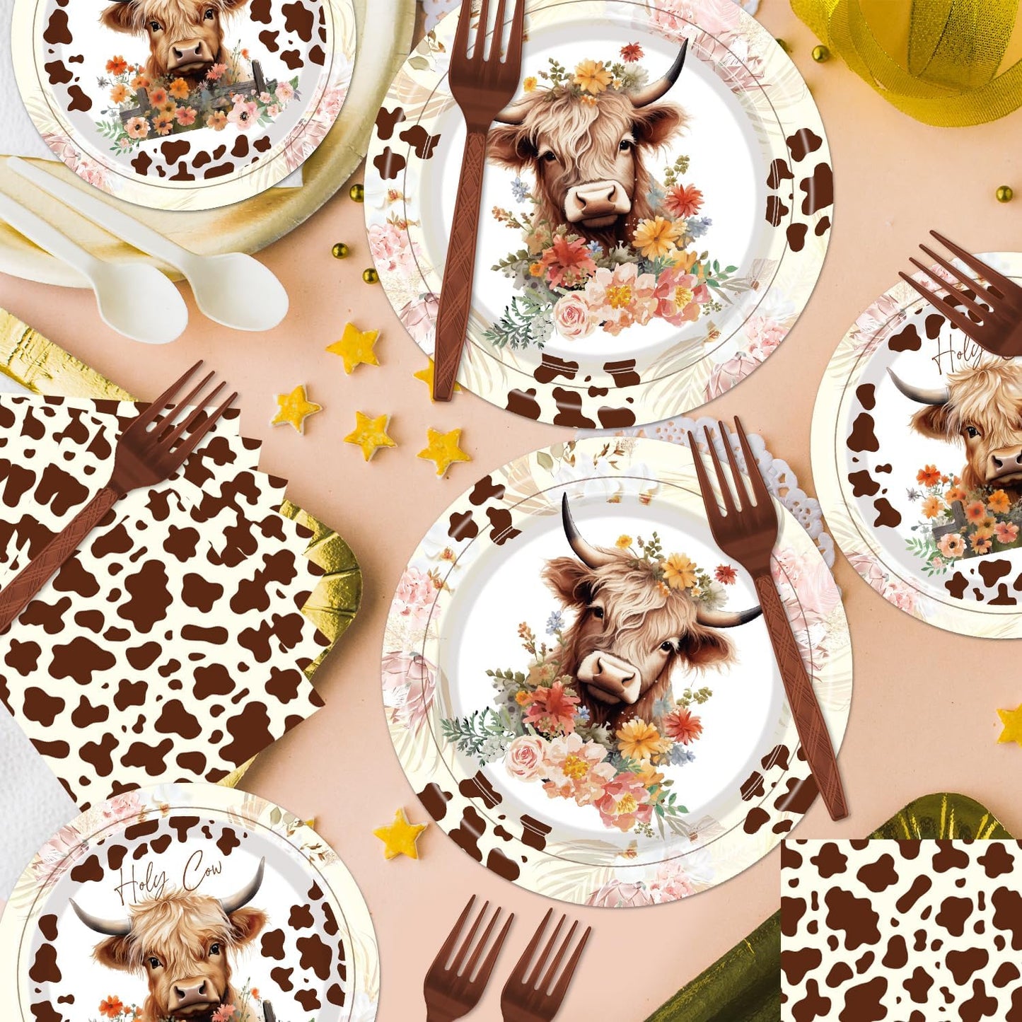 Highland Cow Party Supplies Tableware - 96 Pcs Brown Cow Tableware Disposable Plates Napkins Forks Sets for 24 Guests, Highland Cow Party Decorations Animal Party Favor for Baby Shower Kids Birthday