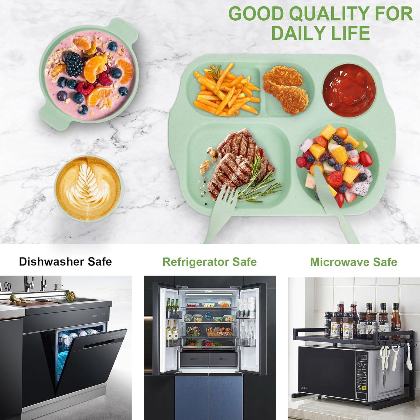 Unbreakable Dinnerware Sets for 4 People,24pcs Divided Plates and Bowls, Reusable Dinnerware Plastic Plates, Cups, Bowls, Cutlery Set for School Party, Camping, Home, Office