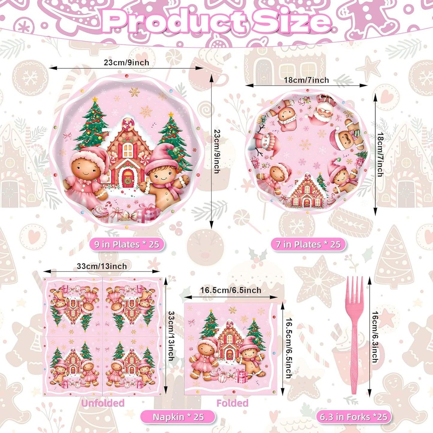 100 Pcs Pink Gingerbread Christmas Tableware Party Supplies – Disposable Holiday Dinnerware Set with Paper Plates, Napkins, and Pink Forks for Christmas Party, Winter Celebration – Serves 25 Guests