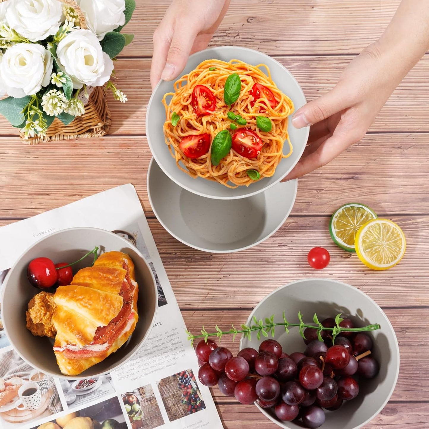 supernal 12PCS Light Grey Wheat Straw & Hard Plastic Bowls - Sturdy Reusable Soup Bowls for Hot Food,Unbreakable Bowl for Catering,Weddings,Holiday Meals (Disposable Lightweight Snack Bowl)