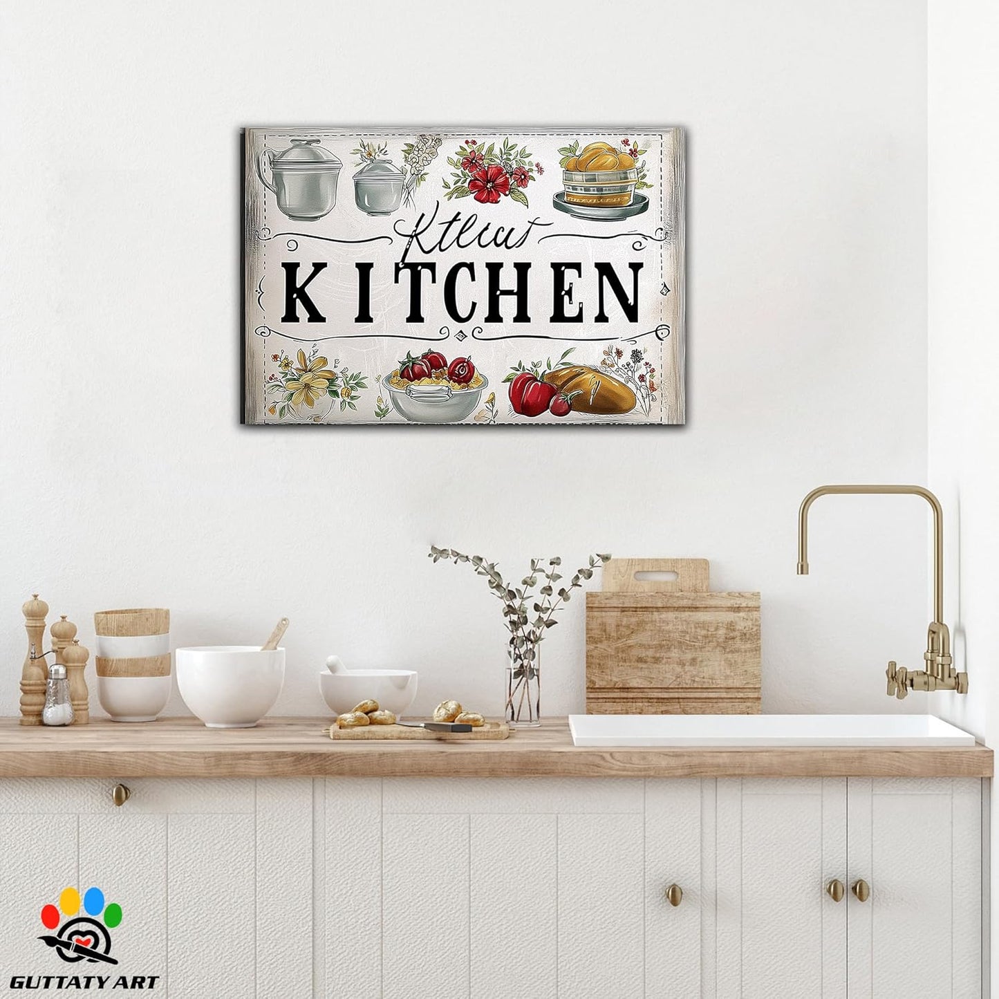 GUTTATY Kitchen Pictures Wall Decor, Farmhouse Wall Art Decor Colorful Vegetables and Flowers Painting for Dinning Room Restaurant Decor, Mother's Day Gift for Grandma Mom Hanging Artwork 18×24 Inch