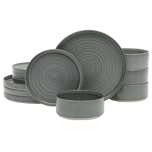 Gibson Elite Echo Bay 12 Piece Porcelain Reactive Glaze (Service for 4) Ceramic Plates and Bowls Modern Stackable Dinnerware Set - Blue