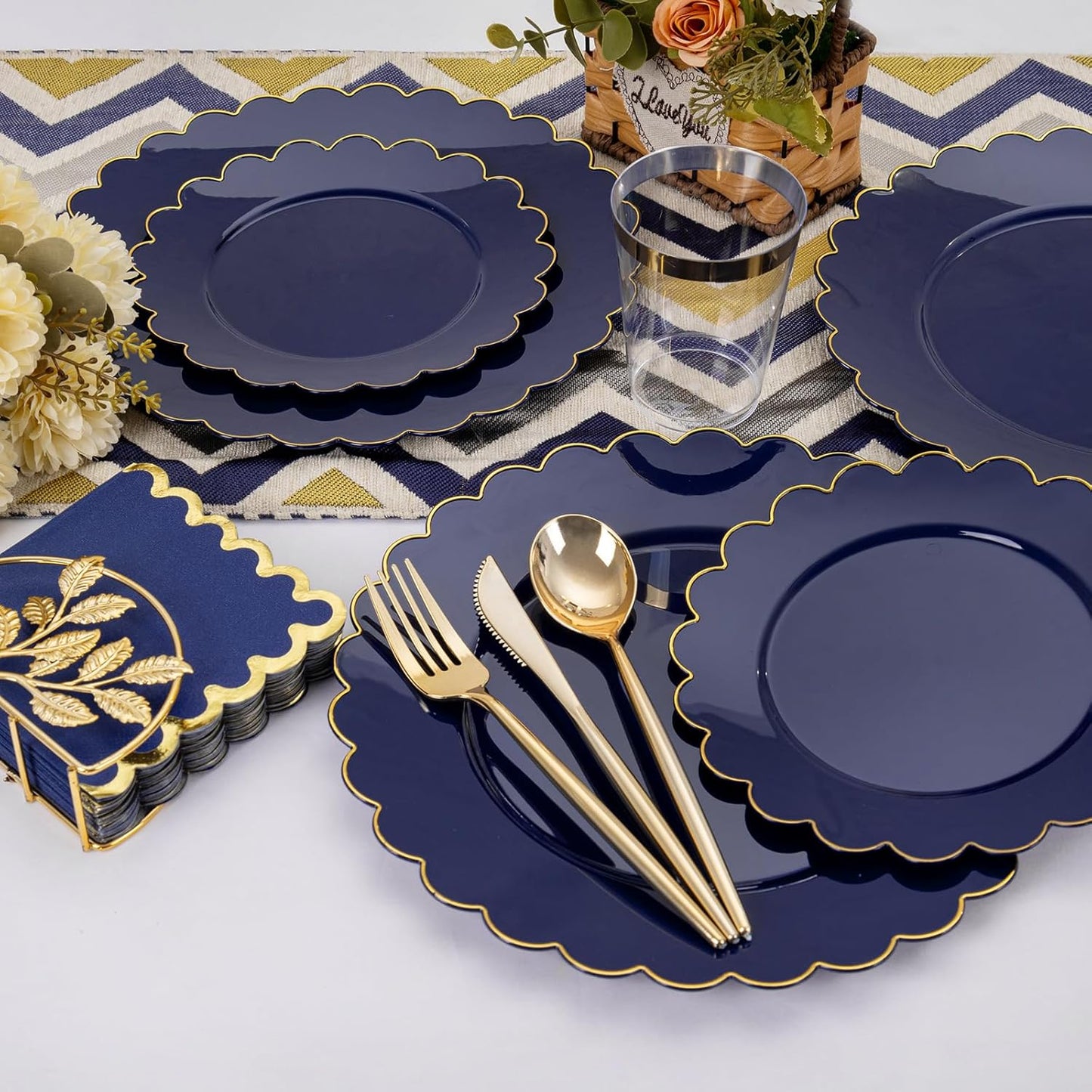 LIYH 210 Pcs Navy Blue Plastic Plates - 4th of July Party Decorations for Independence Day,Blue Plastic Scalloped Plates Disposable Gold Silverware for Wedding & Party