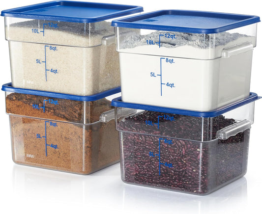 CURTA 4 Pack Food Storage Containers with Blue Lids - NSF Listed Commercial Grade in 12.0 Qt - Square, Clear, Polycarbonate