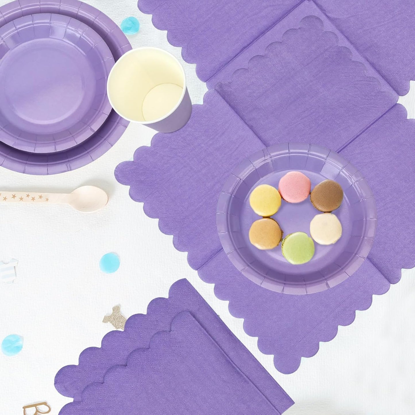 150 Pcs Disposable Party Dinnerware Supplies Set Includes 7'' 9'' Disposable Paper Plates 9oz Paper Cups Scalloped Cocktail Napkins for Baby Shower Birthday Wedding(Light Purple)