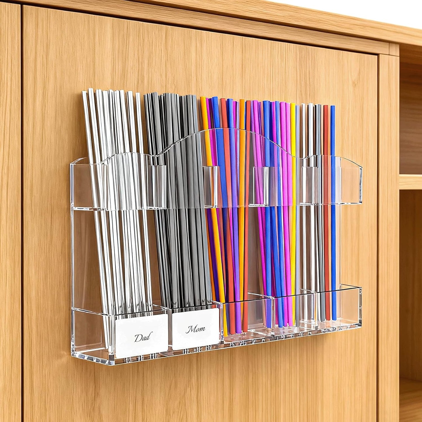 9.8" Acrylic Straw Holder for Cabinet Door - Straw Organizer with Ultra-Sticky Adhesive, Kitchen & RV Essensials, 5-Compartment Storage for Reusable Straws & Brushes, Colored Pencils, Markers