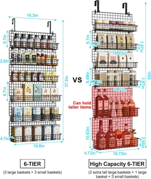 JKsmart High Capacity 6-Tier Spice Rack Organizer with Door Hook, Wall-Mounted & Over-the-Door for Kitchen Pantry Cabinet - Black
