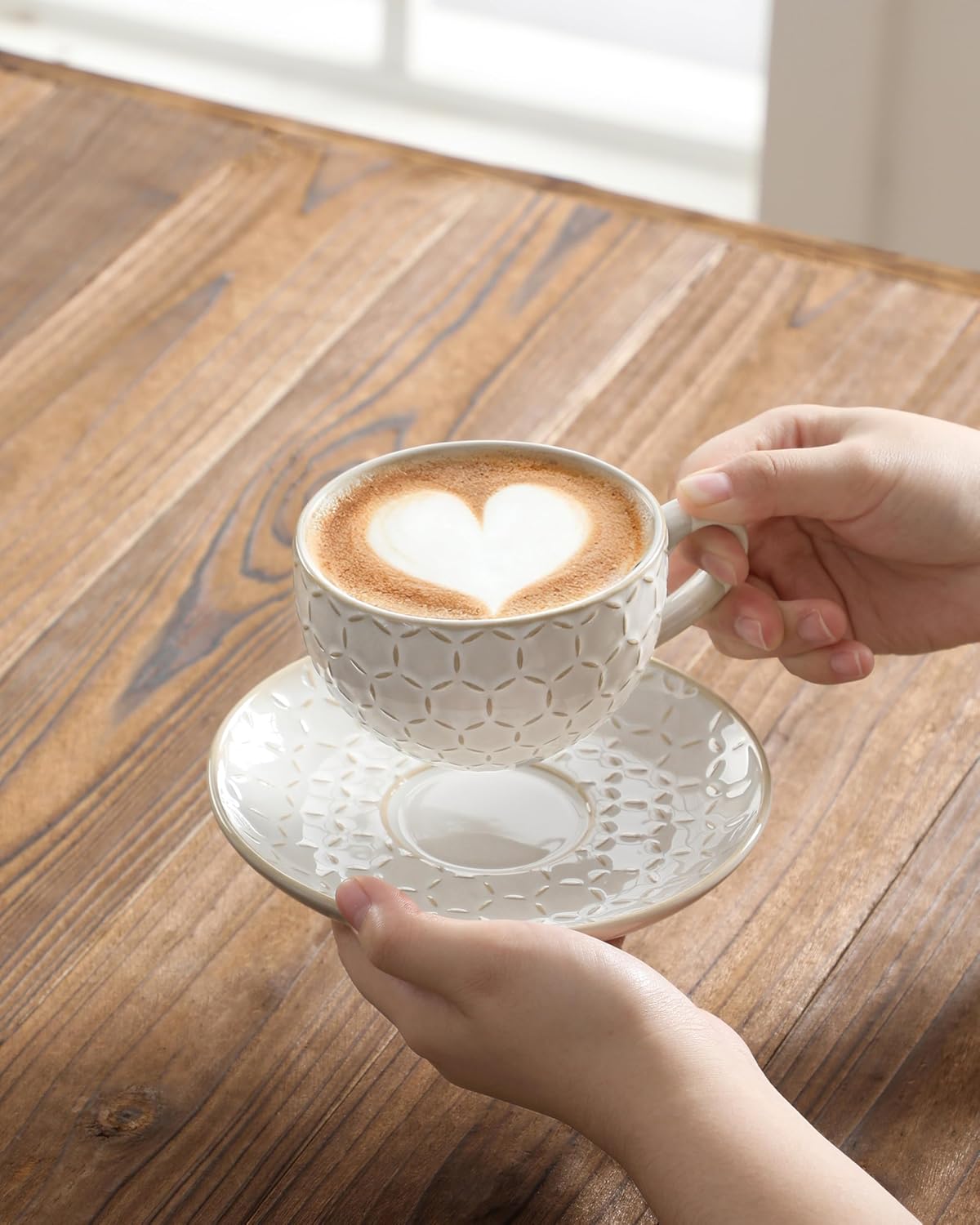 MALACASA 8 OZ Cappuccino Cups with Saucers Set of 4 - Stackable Espresso and Tea Cups, Dishwasher Safe White Ceramic Coffee Mugs for Latte, Cappuccino and Americano