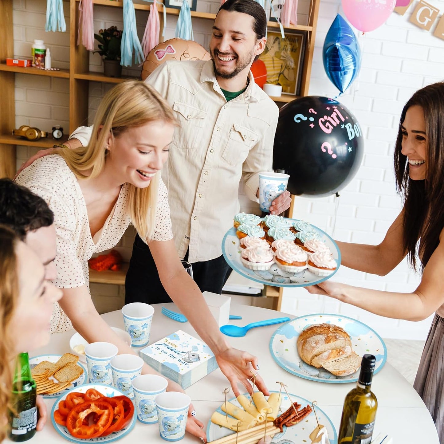 Dandat 350 Pcs Baby Shower Plates Set Baby Shower Party Supplies Serves 50 Tableware Sets Include Plates Napkin Cup Forks Knives Spoons Disposable Dinnerware(Elephant,Blue)