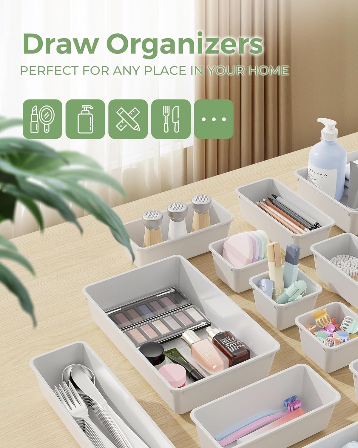 25 PCS Plastic Drawer Organizers Set, 4-Sizes Vanity and Makeup Organizer, Desk and bathroom Drawer Organizer Trays, Organizers and Storage for Makeup, Jewelry, Gadgets, Utensils (White)