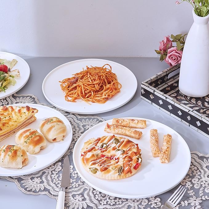 White Fine Bone China Dinner Plates, AntoKueh 10.6 Inch Large Serving Plate, Set of 6 with Shallow Edge for Pasta, Steak, Dishwasher/Microwave safe