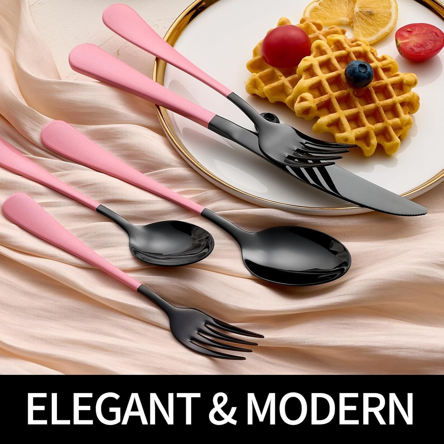 20-Pieces Blac and Pink Silverware Sets for 4,Pink Handle Stainless Steel Cutlery Set, Include Forks Spoons and Knives Set, Dishwasher Safe Utensil Sets for Home Restaurant