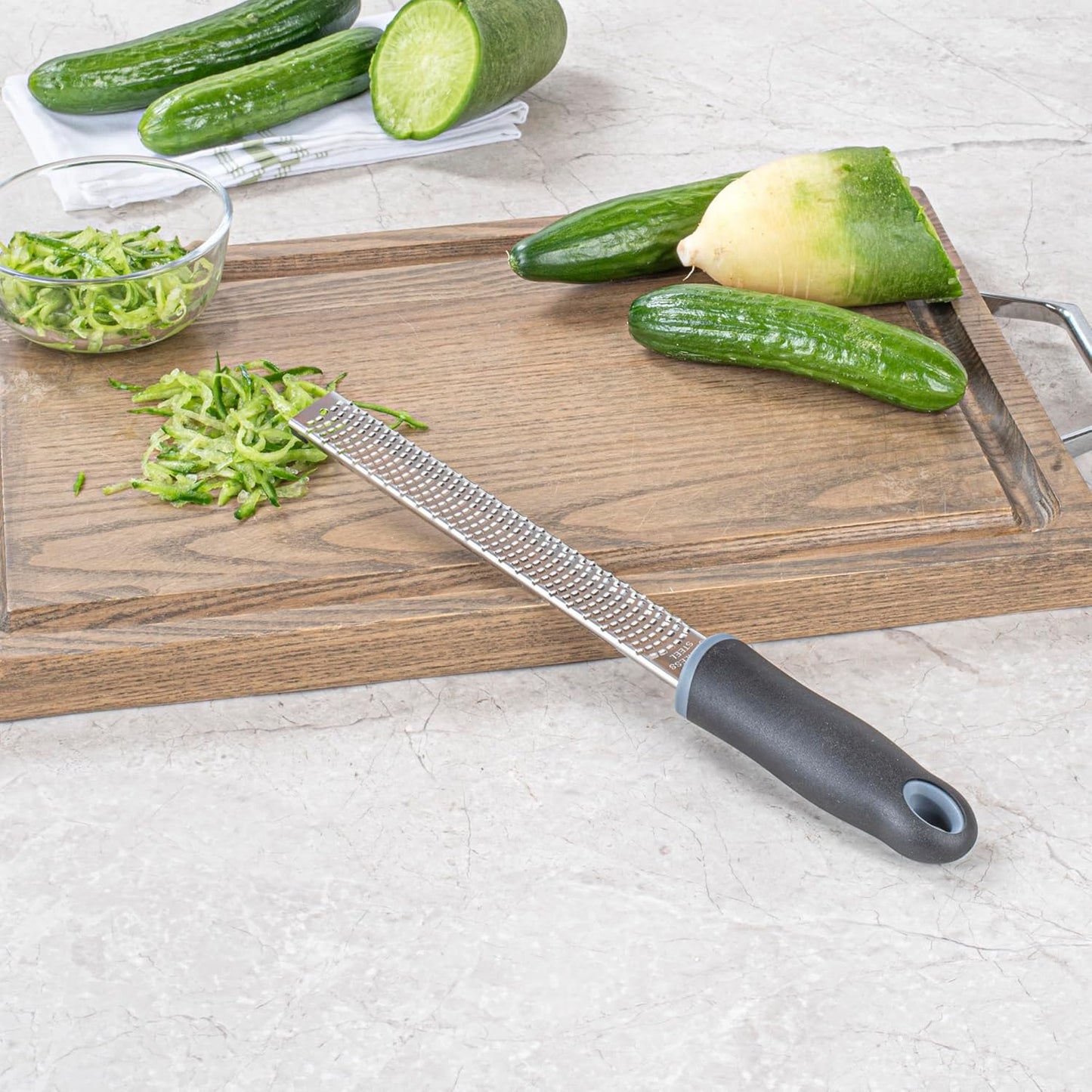 Restaurantware Met Lux 13 Inch Hand Grater 1 Zester Cheese Grater - With Handle For Zesting Lemons And Grating Cheese Stainless Steel And Plastic Rasp Grater